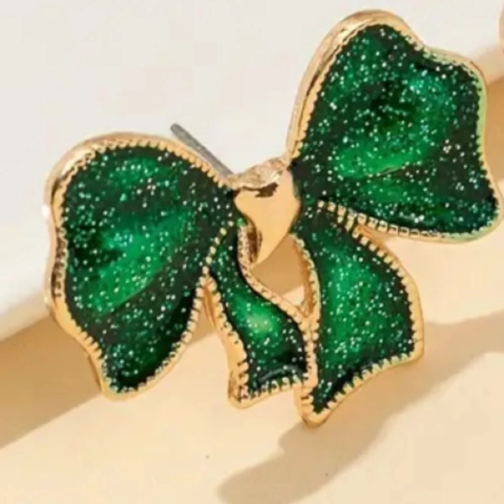 Glittery Bowknot Druzy Emerald Green Gold Stud‎ Earrings St. Patrick’s Day NEW